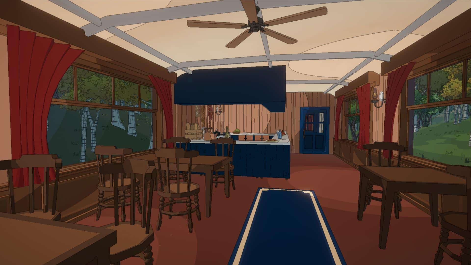 In-game environment capturing whimsical train dining car interior