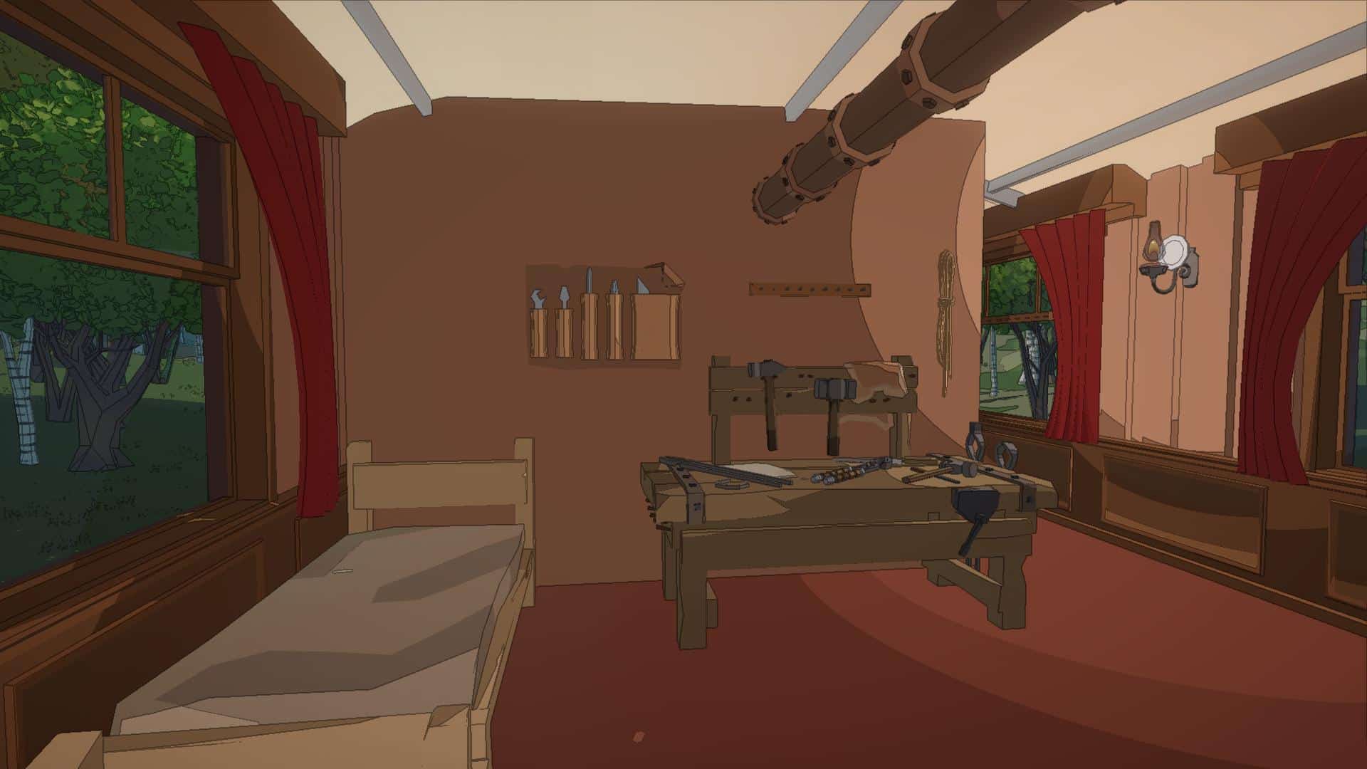 In-game exploration inside train workshop cabin and detective berth