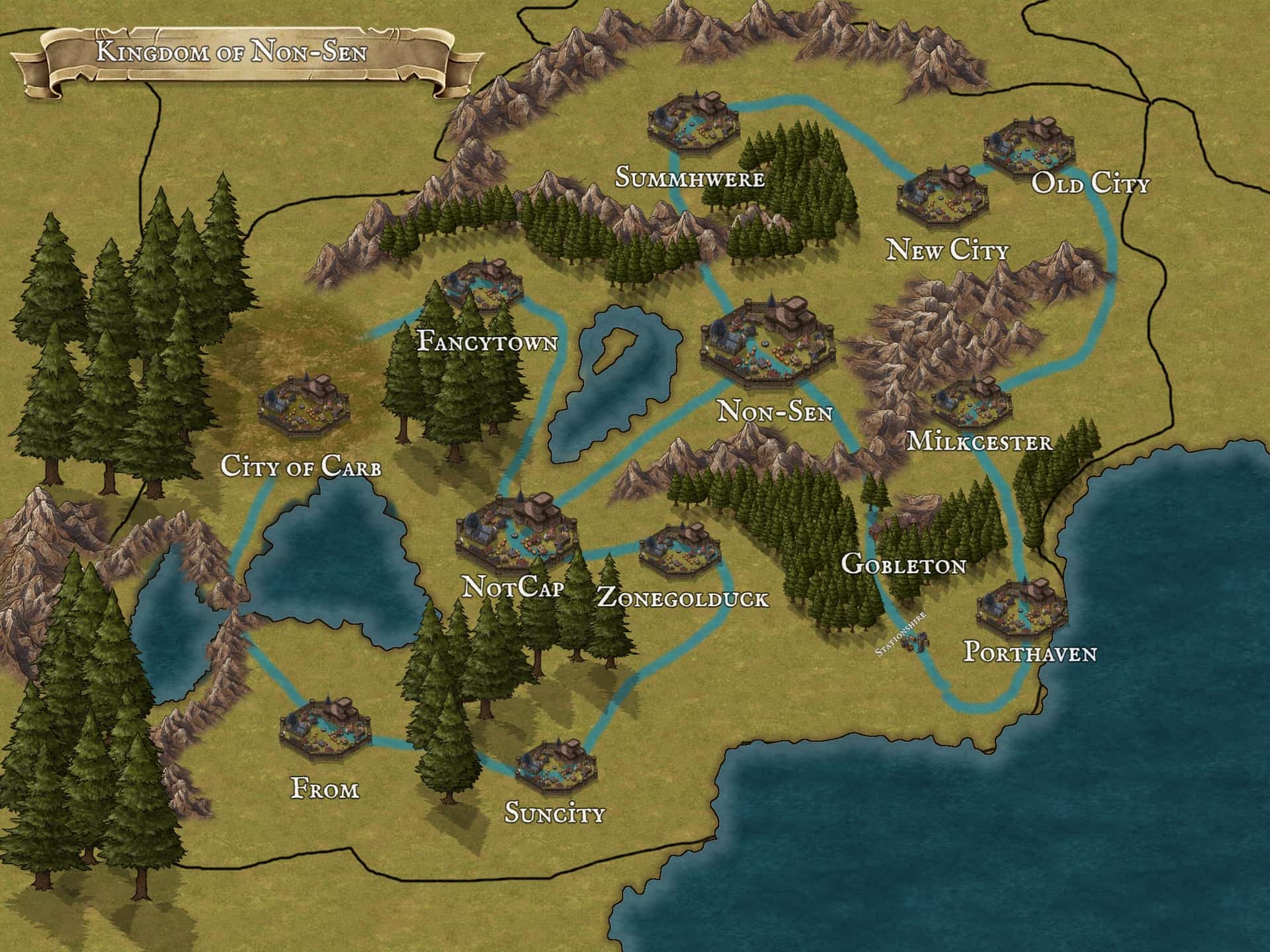 Handdrawn world map of Non-Sen Kingdom detailing quirky realms and factions