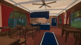 In-game environment capturing whimsical train dining car interior